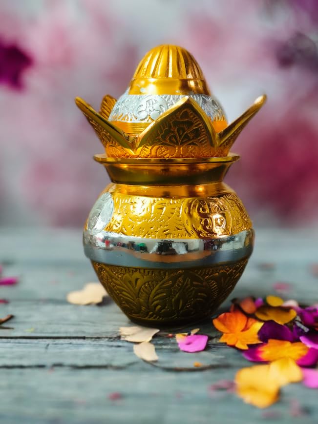 Image of Traditional Brass Kalash, Gold and Silver Finish, Decorative Pooja Vessel with Engraved Design, 5 Inch