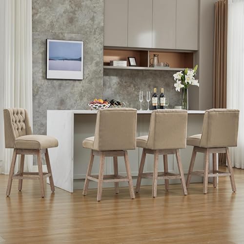 Image of Counter Height Bar Stools Set of 3, 360Swivel Bar Stools with Back and Wood Legs, 26 inch Morden Linen Fabric Upholstered Barstools for Kitchen Island Dining Room Bar