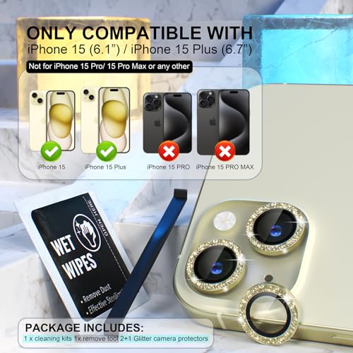 Image of CLITZ Compatible for iPhone 15 / iPhone 15 Plus Camera Lens Protector Bling, 9H Tempered Glass Camera Cover Screen Protector,Metal Ring Decoration Accessories (Glitter-Yellow)