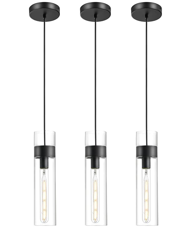 3 Pack Black Pendant Lights Kitchen Island (Bulbs Included), Adjustable Modern Glass Pendant Light Over Island, Industrial Pendant Light Fixtures for Dining Room Hallway Bedroom Living Room by GMTB - Used condition - US$66.49