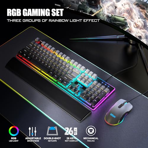 Image of RedThunder K10 Wired Gaming Keyboard, Mouse Wrist Rest Combo, RGB Backlit, Mechanical Feel Anti-ghosting Keyboard + 7D 7200 DPI Mice+Soft Leather Wrist Rest 3 in 1 PC Gamer Accessories(Gradient Gray)