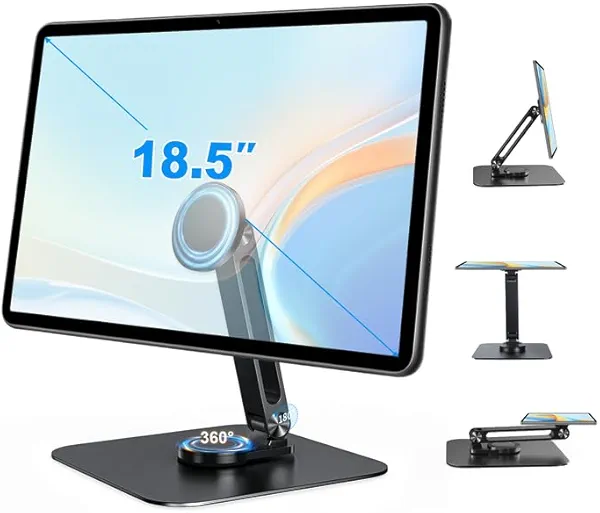 JUNEBOX Adjustable Magnetic Stand Holder for 10-18.5 Inch Portable Small Monitor, Aluminum Alloy Foldable Arm Swivel Desk POS Stand Mount for iPad Air Mini Pro 12.9 13, Samsung Galaxy Tabs,Kindle