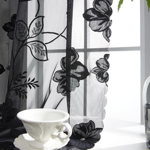 Treatmentex Cortinas Traslúsidas Florales de Encaje de Visillos Sala para Ventana de Dormitorio, Moderno Decorativos Suaves, con 8 Ojales 2 Piezas, Negro,140X245CM