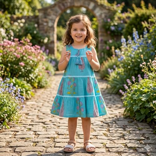 Image of The Magic Wand Kids Girls Casual Dresses, Knee Length Singlet Strap Fit & Flared Cotton Once Piece Stylish Frocks fo rBeach Summer Season Vacation