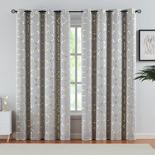 Purainbow Grey Blackout Curtain Panels for Bedroom 84' Gold Foil Moroccan Metallic Print Energy Efficient Drapes for Bedroom Living Room, Thermal Insulated Window Treatments Grommet Top 2 Panels