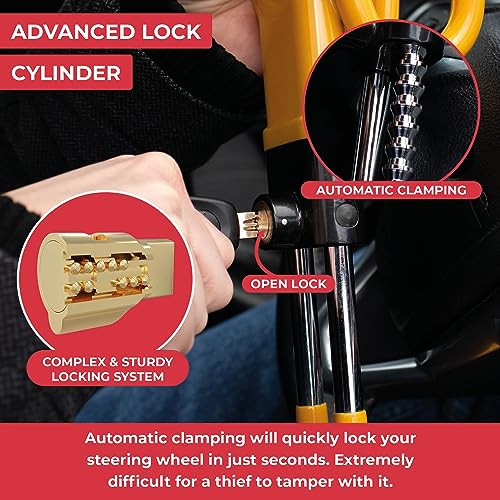 GADLANE Twin Bar Steering Wheel Lock - High Visibility Car Lock Anti-Theft Device, Car Steering Lock Suitable Car Security for Car, Van & Caravan with 2 Keys - Strong Car Lock Steering Wheel (Yellow) - 5