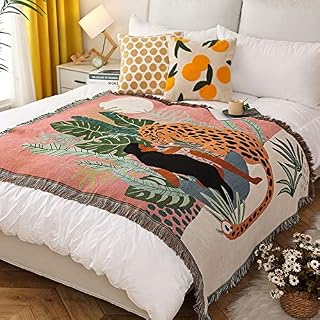 LumiSyne Double-Sided Cotton Woven Throw Blanket With Tassel Jungle Bohemian Style Tapestry Shawl Multi-Function Decorative Throws For Sofa Bed Armchair Camping Blanket Tablecloth Carpet 160x130cm