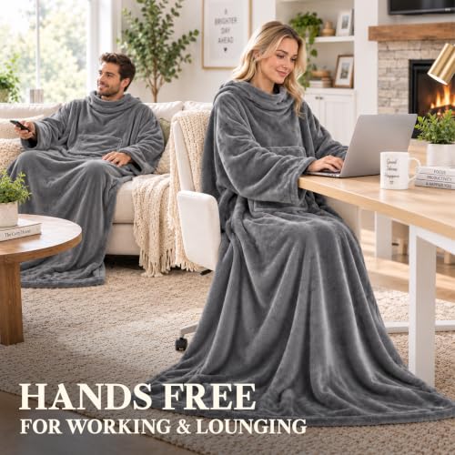 PAVILIA Premium Fleecedecke mit Ärmeln von Warm, gemütlich, extra weich, funktional, leicht (anthrazit) – Ansicht 3