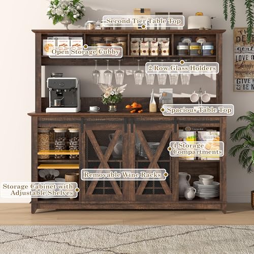 Image of 63 inchWide 58 inchH Farmhouse Coffee Bar Cabinet with Power Outlet and LED Light,Wine Bar Cabinet w / 4 Storage Hutch,Kitchen Buffet Cabinet with 15 Wine and Glass Racks for Kitchen Dining Room(Brown)
