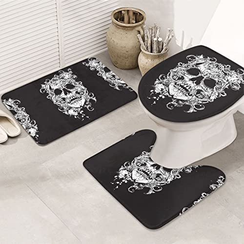 Teppichmatten mit Totenkopf-Druck, Badematte, Badezimmerteppich, 3-teilig, + Konturteppich, Toilettendeckelbezug