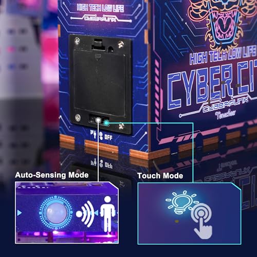 Image of Tonecheer DIY Book Nook Kit for Adults, Wooden 3D Puzzle Bookend Bookshelf Insert Decor, Cyber Punk Booknook Miniature House Kit with Dust Cover and Body Motion Sensor LED (Cyber City)