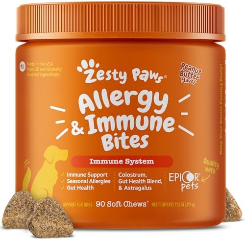 Zesty Paws Allergy Immune Bites - Dog Allergy Chews, Dog Probiotics for Itchy Skin and Ears, Peanut Butter, 90ct