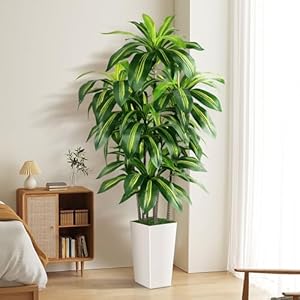 Artificial Dracaena Tree Indoor, 5FT Tall Fake Tree with White Tall Planter, Artificial Tree Fake Yucca Potted Tree for Home Office Living Room Decor, Tall Artificial Plant for Housewarming