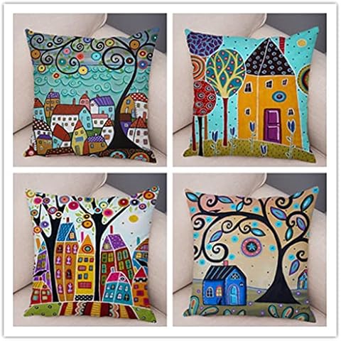 Cushion Covers 24x24in Outdoor Cushions Set of 4 Oil Painting Color Tree Printed Pillow Covers 60x60cm Square Double Sided linen Cushions for Couch Balcony Farmhouse Garden Decorative Pillowcases Cover