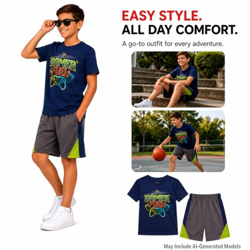 Image of Pro Athlete Active Boys Short Sets - 2 Piece Performance Crewneck Short Sleeve T-Shirt and Shorts Boys Athletic Sets (8-16)