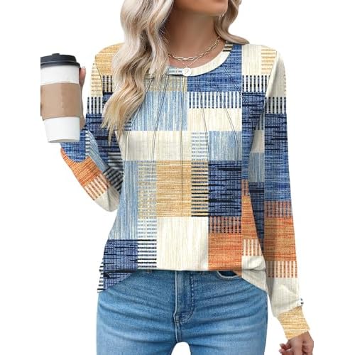Kistore Women's Long Sleeve Tops Crew Neck Pleated Dressy Casual Blouses T Shirts Fall Clothes 2026 B5 Multiple Plaid Large