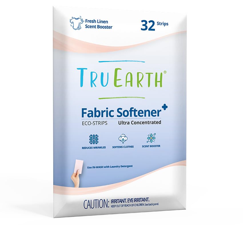 Tru EarthEco-Strips Fabric Softener 32 Strips. No Plastic Packaging, Ultra-Concentrated, Pre-Measured Strips, Easy Storage. For Machine & Hand Washing, Fresh Linen Scent Booster