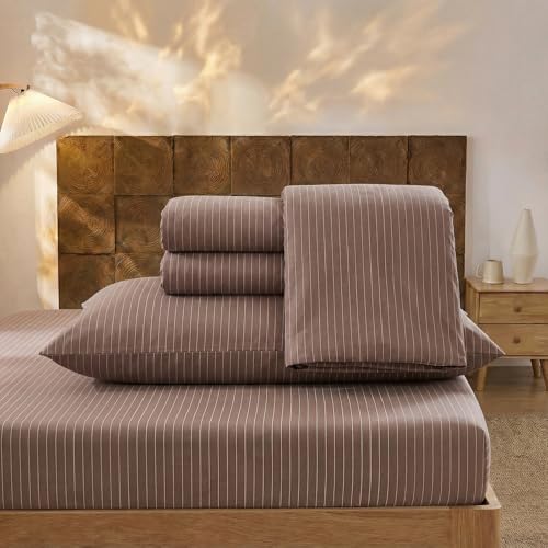 Image of Merryword Brown Pinstripe Sheet Set Queen Size - 100% Cotton Striped Bedding 4 Pieces, Soft Breathable Percale Weave, 17.5 inch Deep Pocket, Luxury Linen Like, All Season Comfort