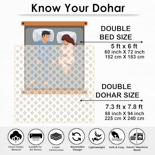 Image of Story@Home Dohar Double Bed Cotton 100% | 150GSM 225 x 240 CM Quilt AC Blanket for Summer | AC Comforter Double Bed | White & Cream, Damask Reversible Design Duvet | All-Season Blanket