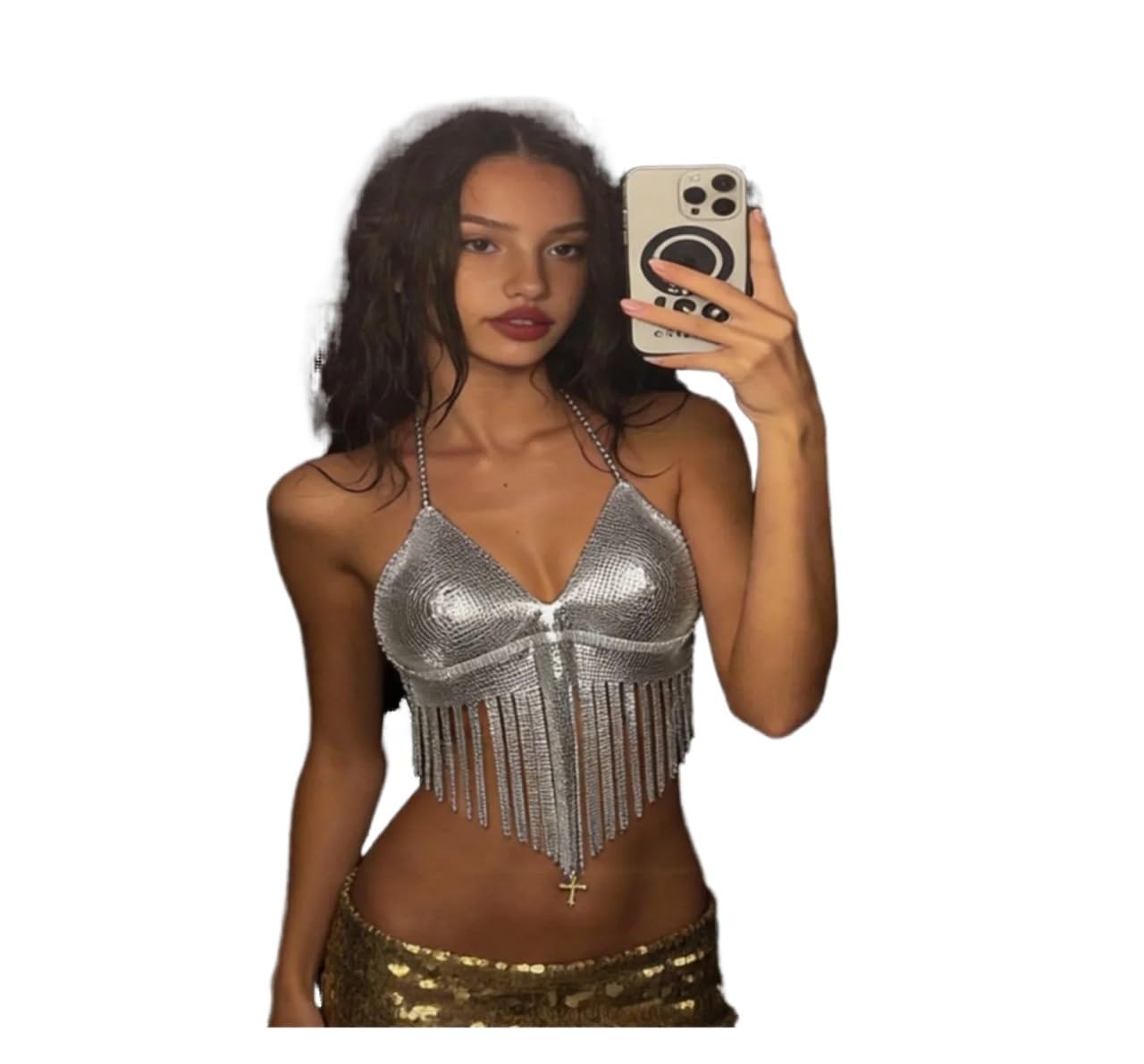 Chaleco sexy moldeador con borlas metálicas que realza tu figura en la fiesta