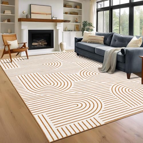 ROYHOME Washable Rug 9x12 Area Rugs for Living Room, Abstract Rug for Bedroom, Soft Rainbow Non Slip Throw Rugs with Rubber, Low Pile Stain Resistant Boho Geometric Carpet for Dining Room, Orange