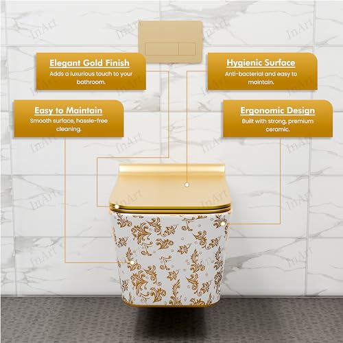 Image of InArt Ceramic Wall Hung Toilet Commode, Gold Rimless, Soft Close, P-Trap | Compact square design, size 53 x 36 x 35 cm, suitable for concealed flush tank