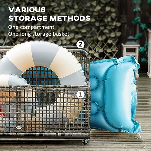 Outsunny Patio Wicker Pool Float Storage with Wheels, Outdoor Rolling