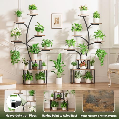 Image of Plant Stand Indoor with Grow Lights - Large Plant Shelf Indoor, 63 inch 8 Tier Tall Plant Stands for Multiple Plants, 2 Pack Lighted Corner Flower Shelf, Tree-Shaped Metal Holder for Living Room, Black