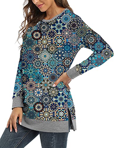 Bette Boutik Plus Size Tunics For Women Long Sleeve Drop Shoulder Tshirt Slit Side Tunic Ladies Sweatshirts With Slits On Side Plus Size Tunics Retro Blue Xx-Large #TOP2