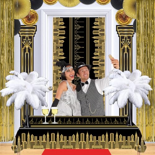 Image of 3pcs Roaring 1920's Party Decorations Great 20's Plastic Tablecover Table Cloth for Black and Gold Birthday Music Party for Hollywood 1920s Birthday Speakeasy Retro Flapper Wedding Party Supplies