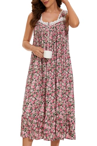 Image of AVIIER Cotton Nightgowns for Women Sleeveless House Dress Ladies Long Nightdress with Pockets S-XXL