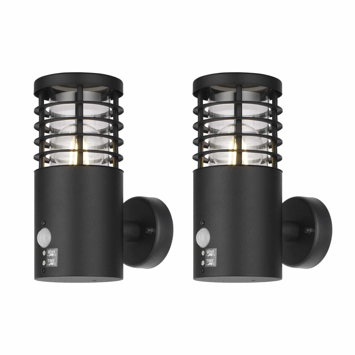 Firstchoicelighting Black & Clear Set Of 2 Modern Black Outdoor Motion Sensor Wall Lights, Louvred Design,Ip44 Waterproof Garden Porch Pir Security Light, Led Compatible