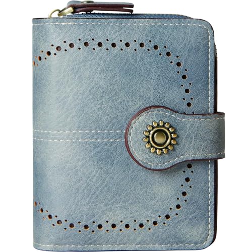 Small Womens Wallet Leather RFID Blocking Bifold Compact Card Holder Ladies Zipper Accordion Pocket with ID Window Blue