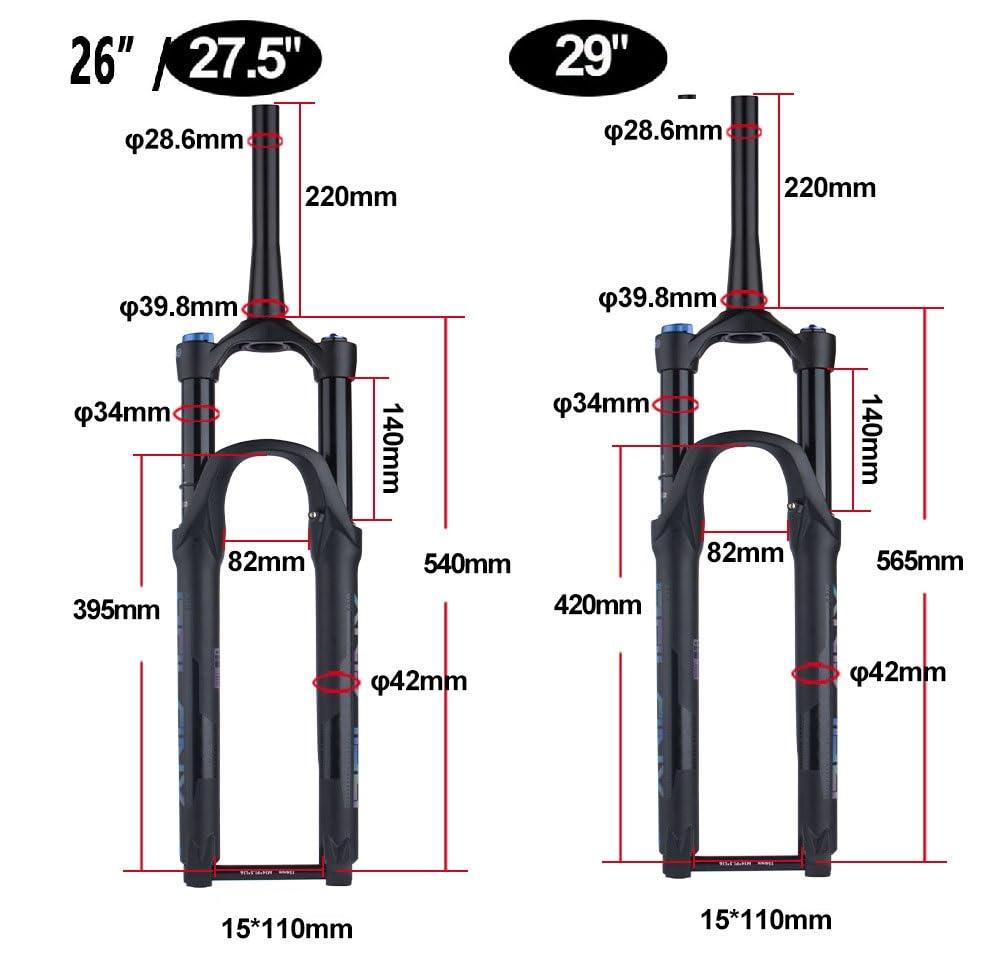 Fourche Avant de vélo de Montagne à Suspension pneumatique 26/27,5/29 Pouces, réglage du Rebond, axe traversant Conique 1-1/2", débattement de 15 mm, Frein à Disque 120 mm (Couleur