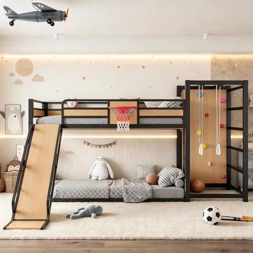 Image of Bellemave Twin XL Bunk Bed with Slide, Basketball Hoop & Climbing Wall, Heavy Duty Bunk Beds Twin XL with Guardrails, Low Bunk Bed for Bedrooms, No Box Spring Needed, Yellow