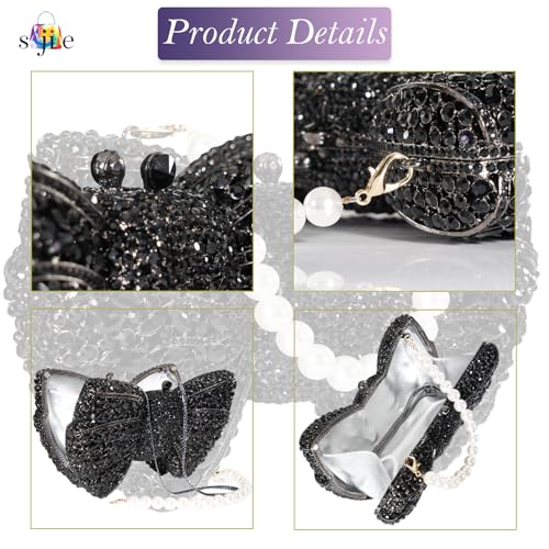 Image of Handmade Inlay Rhinestone Bow Clutch Bag for Women, Sparkling Evening Party Wedding Purse with Detachable Pearl Chain