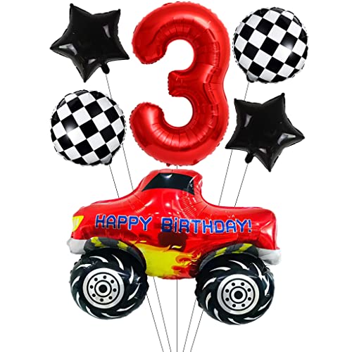 Liitata Car Party Balloons Giant Race Car Balloon 3rd Race Truck Birthday Decor Red Number 3 Foil Balloon Checkered Flag Balloons Star Balloon for Boy Birthday Party Theme Party