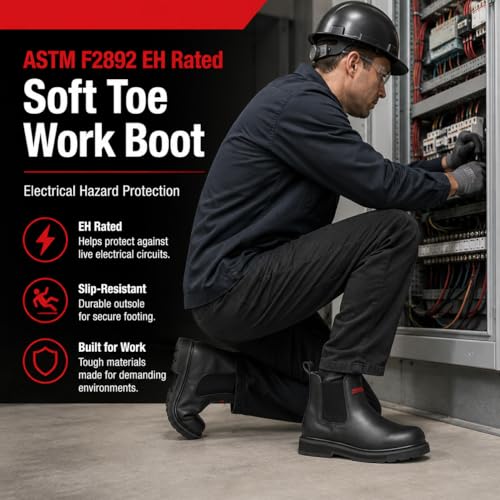 Image of Men's Slip On Work Boots, 6 Inch Soft Toe Chelsea Work Boots, ASTM F2892 EH, Slip Resistant Oil Resistant Rubber Outsole, PU Insole, Steel Shank, Black D2432