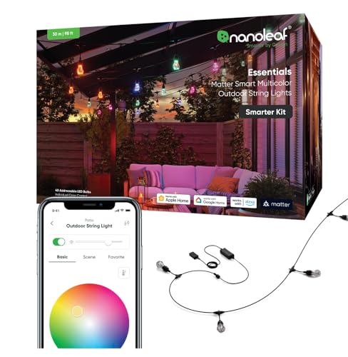 nanoleaf Matter Essentials, łańcuch świetlny zewnętrzny zestaw startowy 30 M LED RGBICW - Światła LED 16 M kolorów, IP65, wodoodporny, 40 inteligentnych żarówek LED, WiFi Bluetooth Matter, do ogrodu