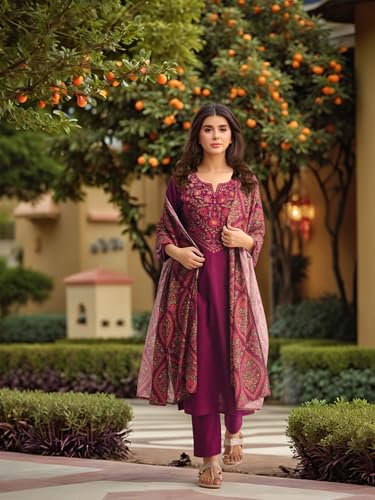 Image of GoSriKi Women's Rayon Viscose Straight Printed Embroidered Kurta with Pant & Dupatta | Ethnic Kurta Set for Women | Daily, Office & Festive Traditional