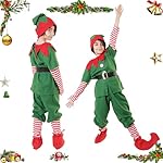 Carnavalife Disfraz Elfo Mujer Hombre Navidad Disfraz Elfo Niña Niño Disfraz Duende Navidad, Disfraz Navideño, Disfraz Navidad Adulto y Niños, Traje Ayudante Papanoel