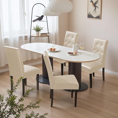 Image of Furmax Ergonomic Dining Chairs Set of 2, PU Leather Dinning Room Chairs, Button Tufted Kitchen Chairs with Adjustable Wood Legs for Kitchen Living Room (Leather Beige, 2)