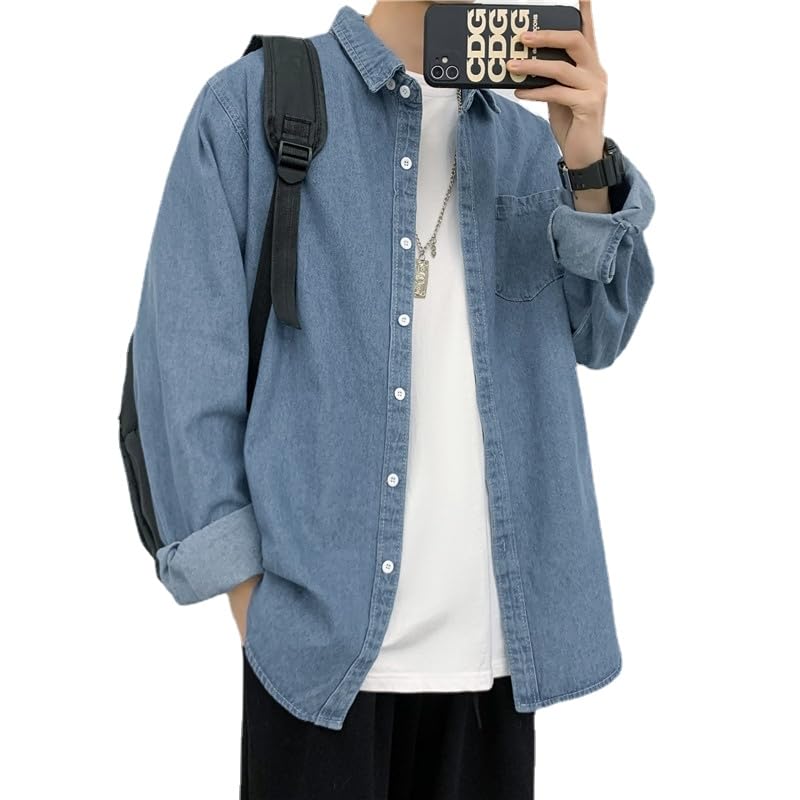 Washed Denim Grunge Shirts Long Sleeve Button Casual Jean Tops Korean Preppy Durable Oversized Jacket for Men