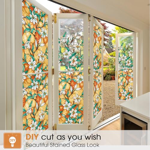 Image of Coavas Decorative Window Privacy Film, Heat Control Sun Blocking Stained Glass Window Film, Floral Design Static Cling, Non Adhesive Windows Tint for Bathroom Front Door(Vinyl, 35.4 inch x 78.7 inch)