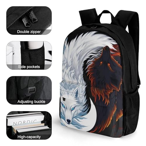 Ice And Fire Yin Yang Wolf Art Daypack Polyester Anti-Theft Multipurpose Bookbag Big Capacity Gym Outdoor Hiking Backpack With Adjustable Shoulder Straps3