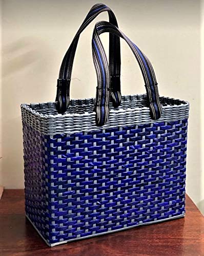 Image of Paperus, Large, Blue & Grey, Lunch Bag, Picnic Basket, Carry Bag, Handbag, Tiffin Basket for Office, Rectangular, Eco-Friendly, Handmade, of Paper Ropes, in Inch 11 H, 14 L, 7 Wide Base
