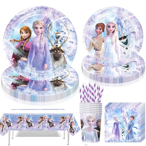 Jiahuade Lot de 61 vaisselle de fête d'anniversaire pour enfants - Avec assiettes en carton, gobelets, serviettes, pailles - Pour 10 invités