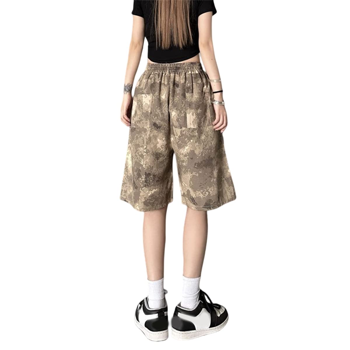 Linsennia Cargo Shorts Damen Camouflage hoch taillierte Y2k Bermuda Shorts mit Taschen Knielang Casual