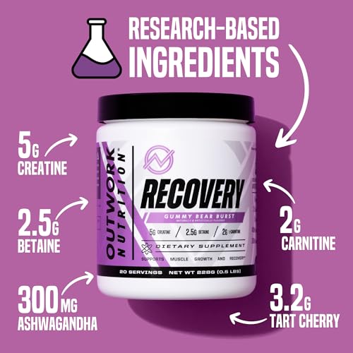 Outwork Nutrition Post Workout Recovery Powder - Creatine Monohydrate, KSM-66 Ashwagandha & Tart Cherry - Speeds Recovery, Eases Soreness - Creatine Powder for Men & Women, Gummy Bear Burst, 230 Gr