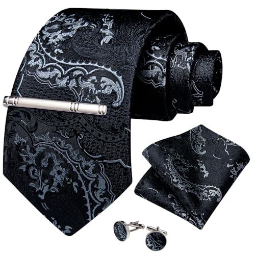 Image of DiBanGu Silk Floral Ties for Men Woven Paisley Necktie and Tie Clip Handkerchief Cufflinks Set for Party Wedding